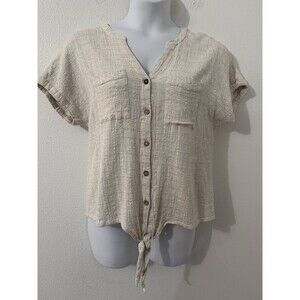 Caffe Marrakesh Blouse Short Sleeve Button Up Cream Front Tie Boho Minimalist XL